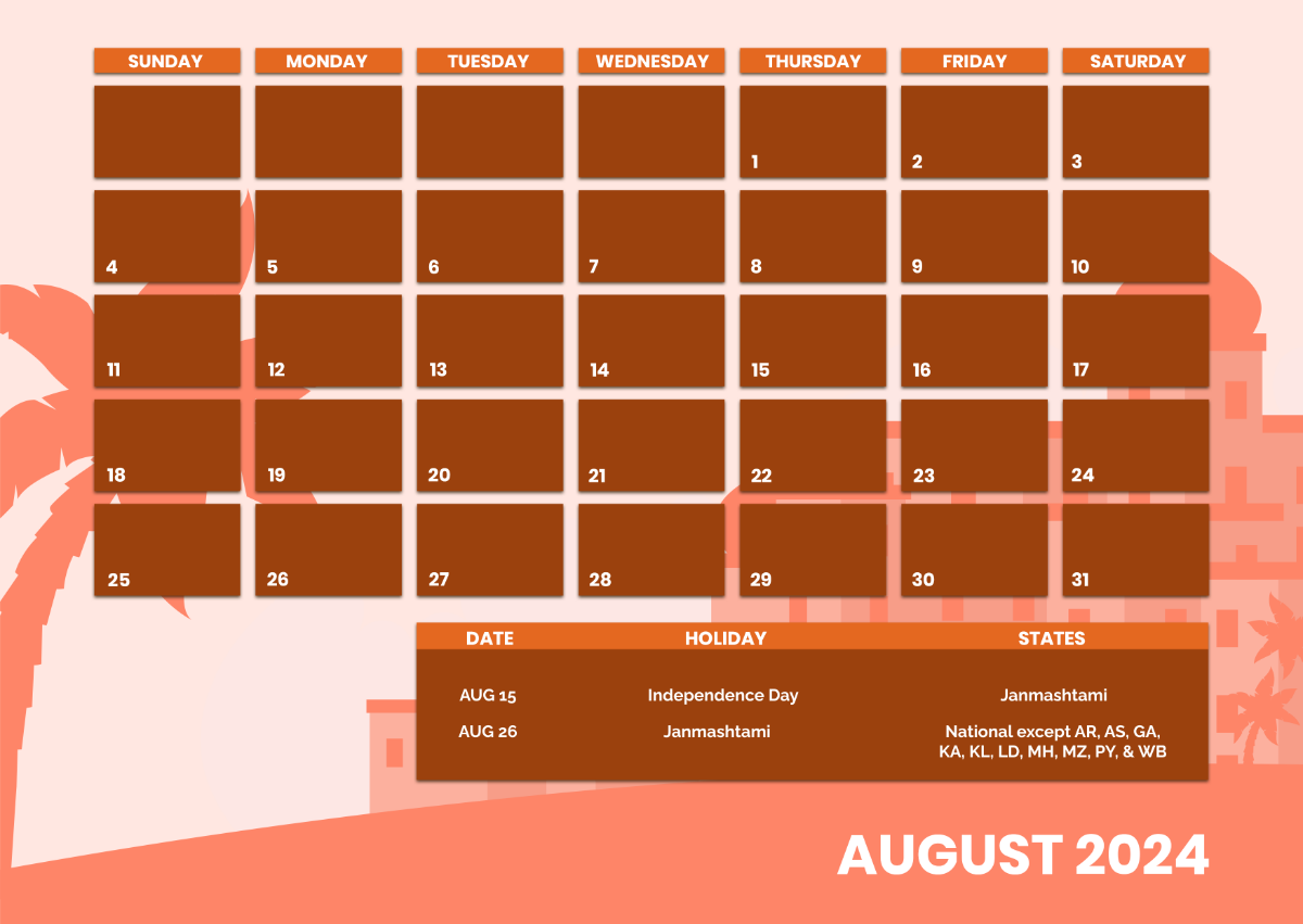 Free August 2024 Indian Calendar Template