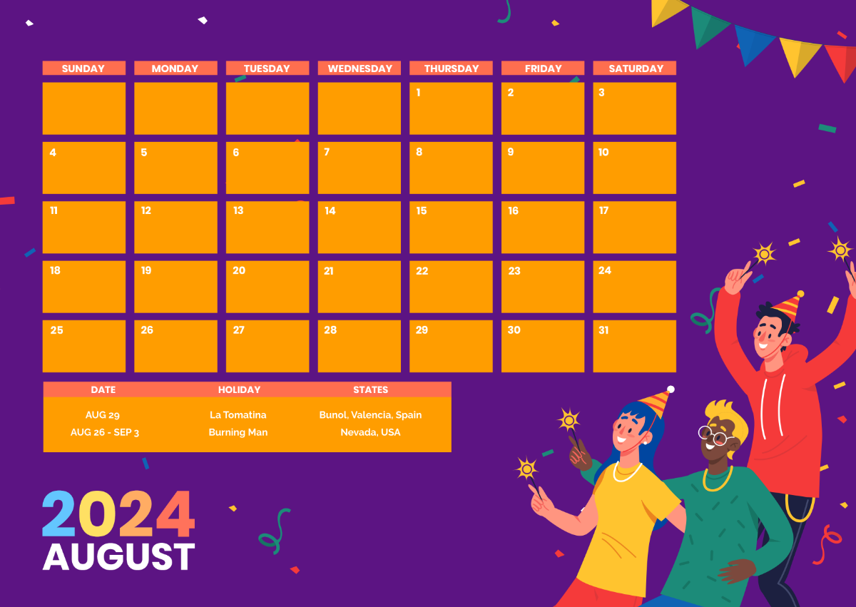 2024 August Calendar Festival Template Edit Online Download Example 