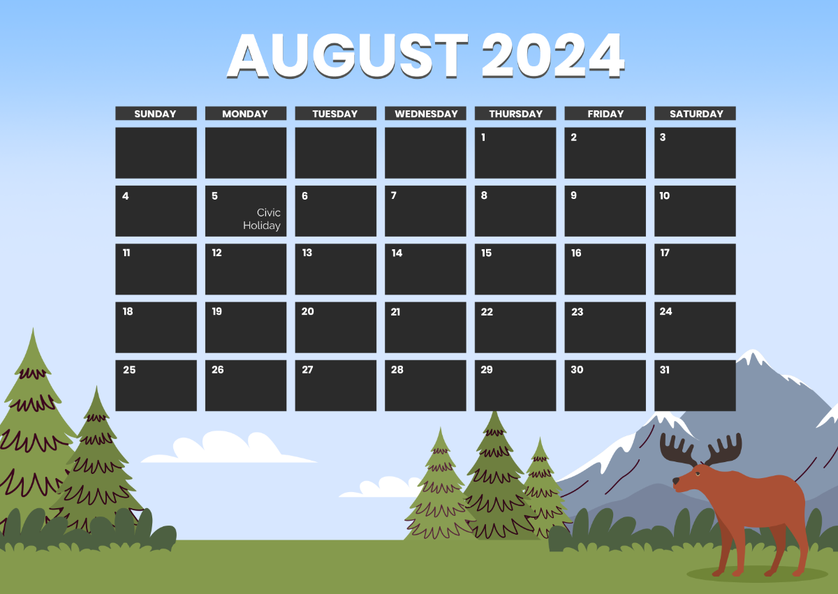 August 2024 Calendar Canada Template