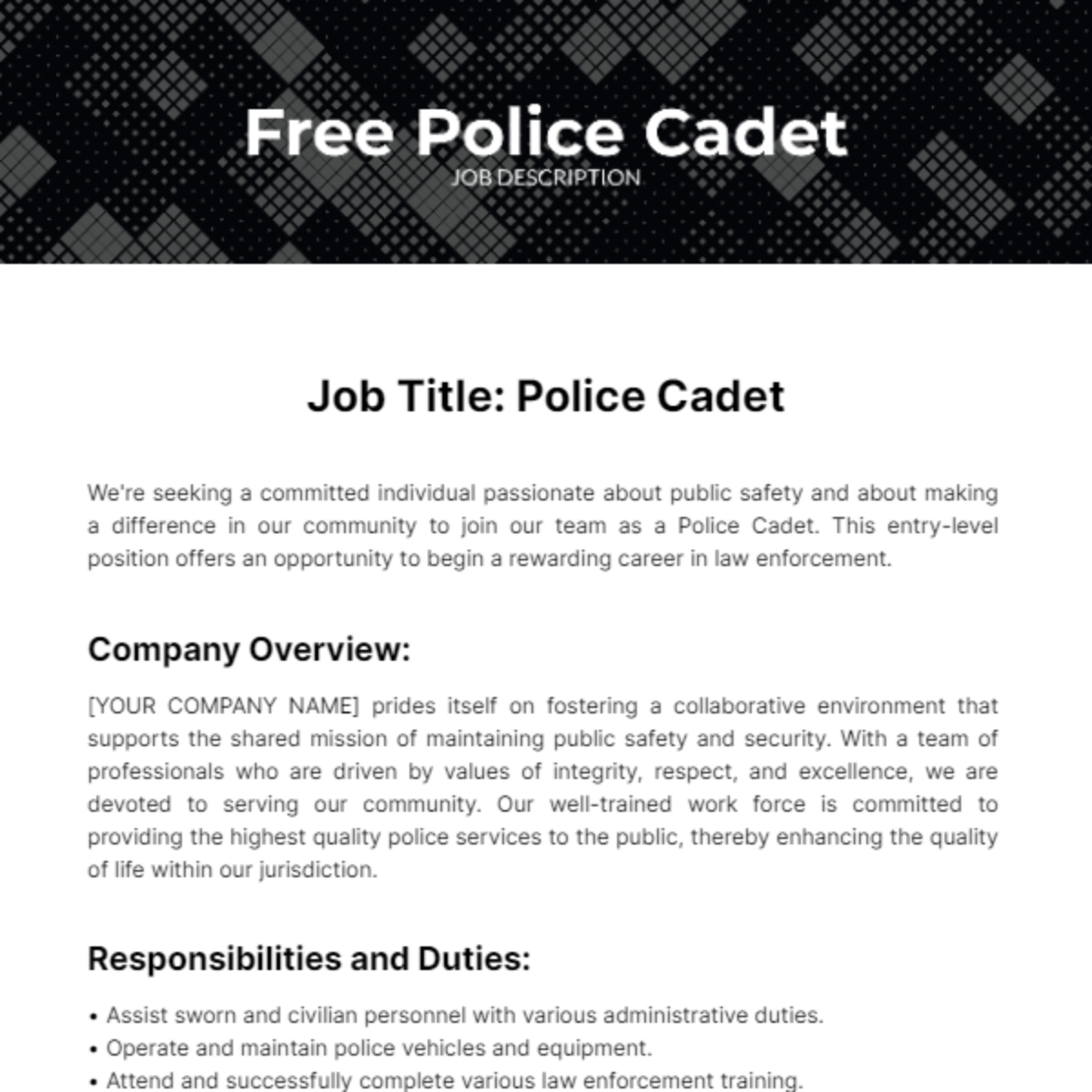 Police Cadet Job Description Template