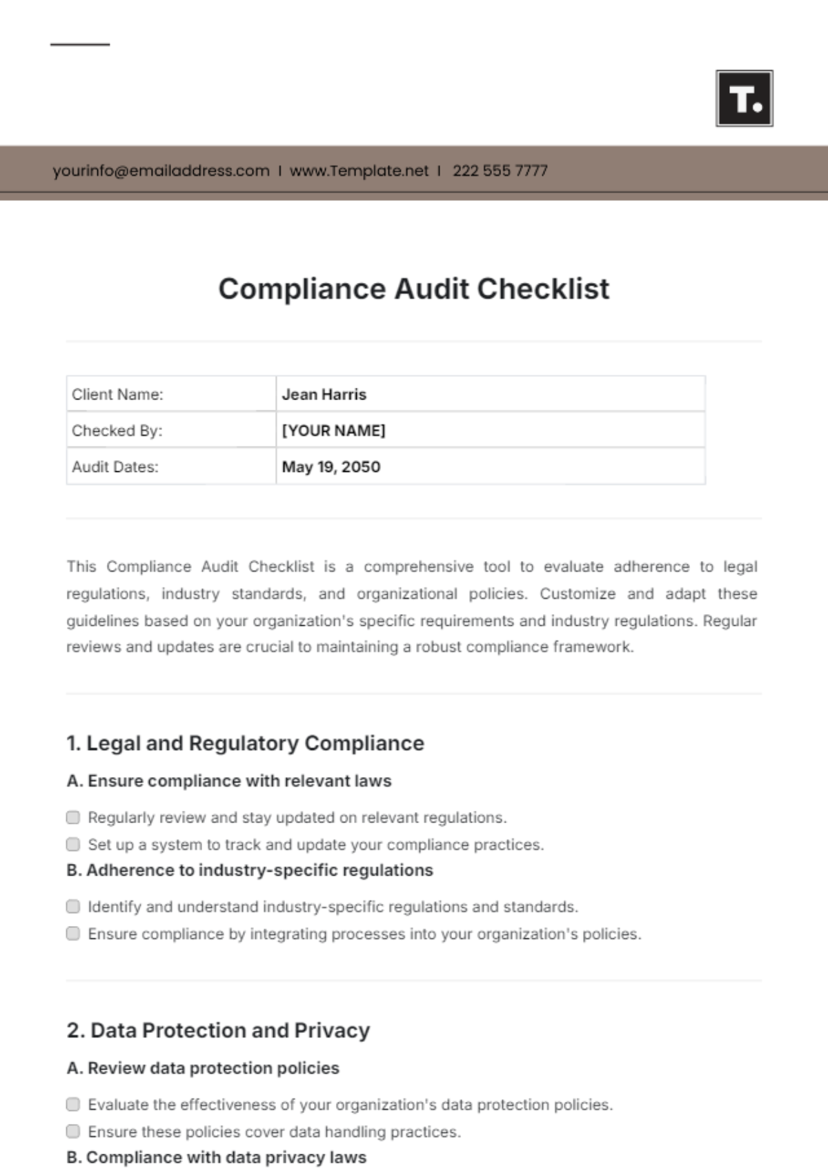 Compliance Audit Checklist Template - Edit Online & Download