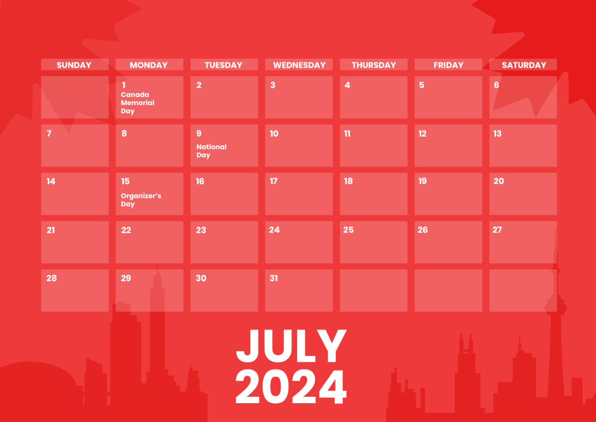 July 2024 Calendar with Holidays Canada Template