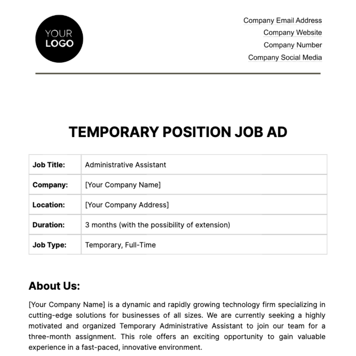 Temporary Position Job Ad HR Template