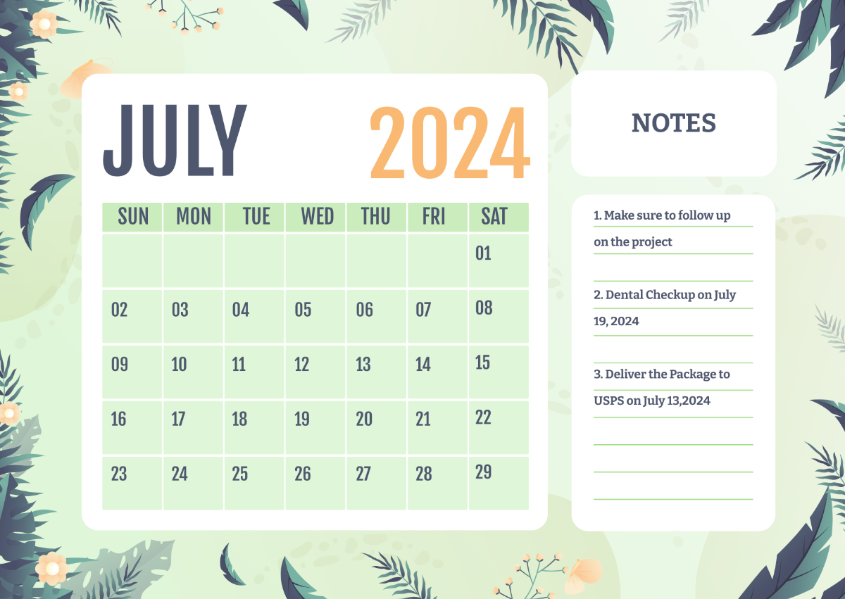 July 2024 Calendar with Notes Template
