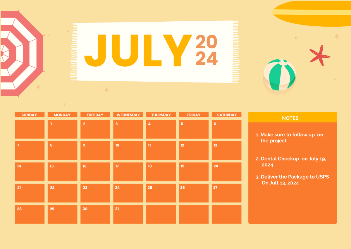 July 2024 Calendar with Notes Template Edit Online & Download Example