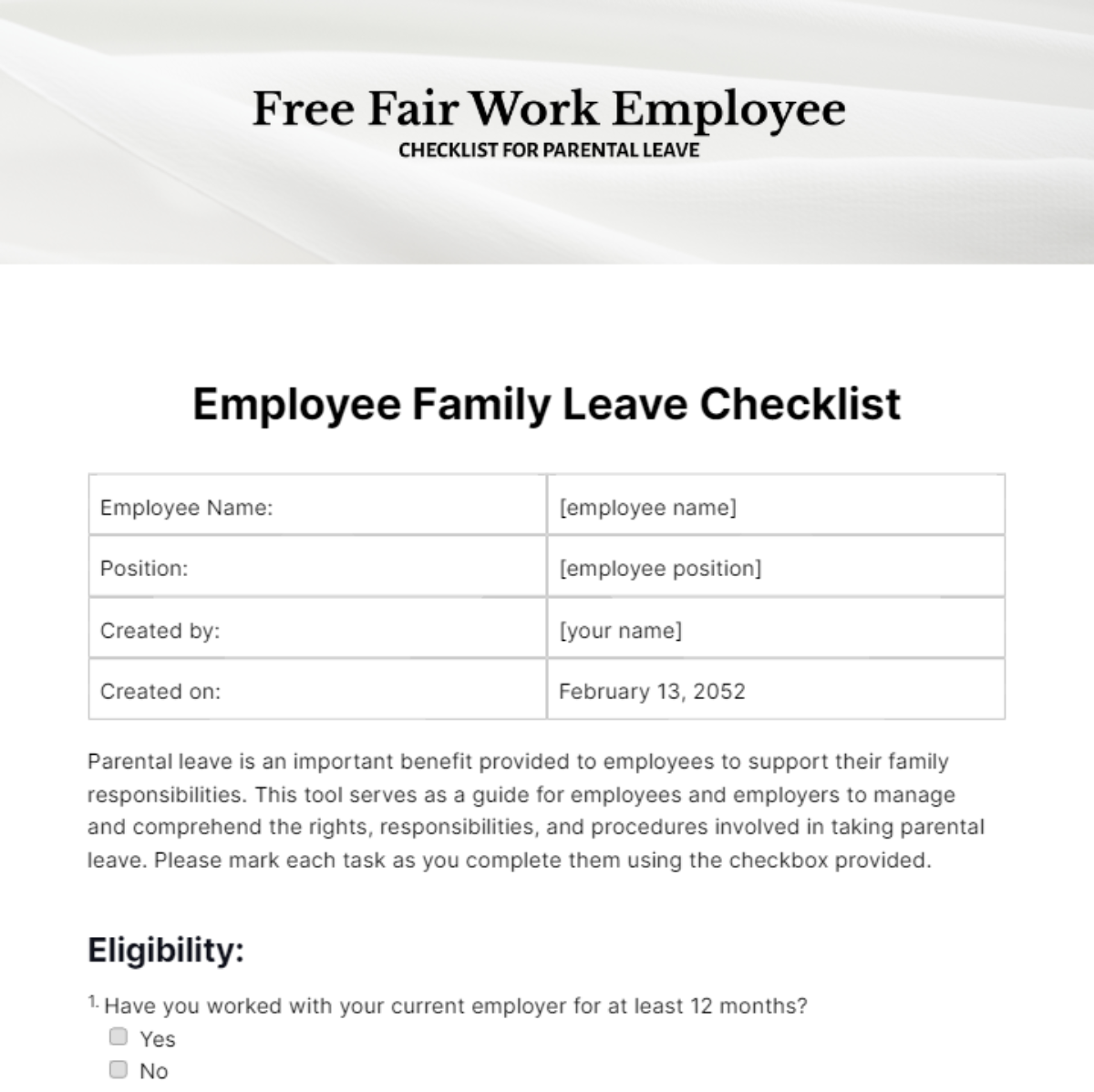 Free Fair Work Employee Checklist for Parental Leave Template