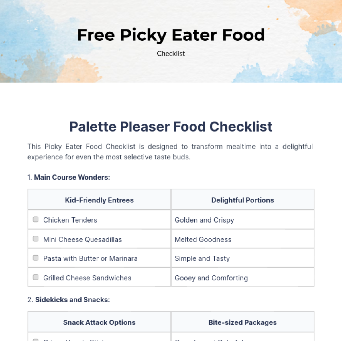 Picky Eater Food Checklist Template