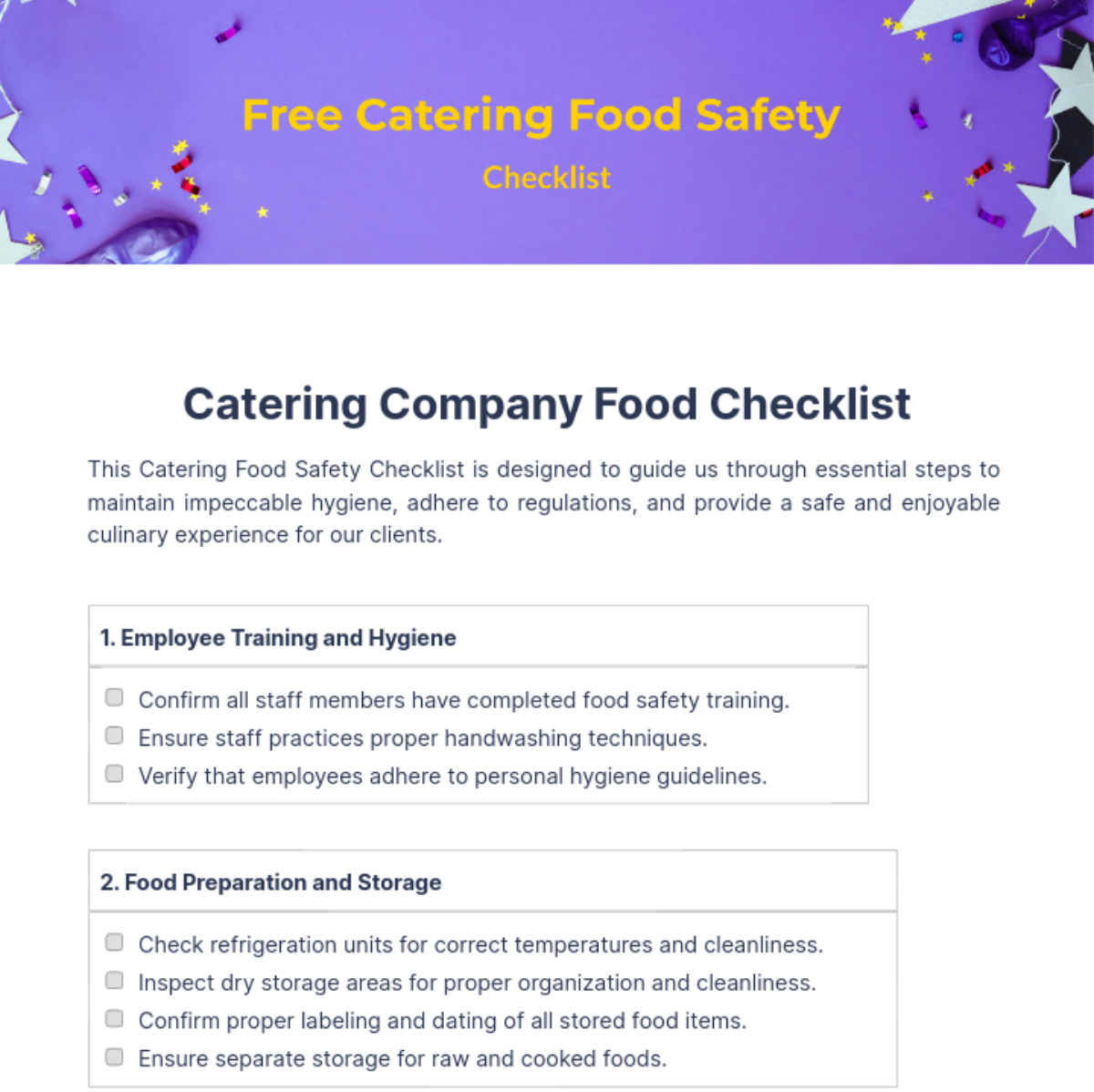 Catering Food Safety Checklist Template