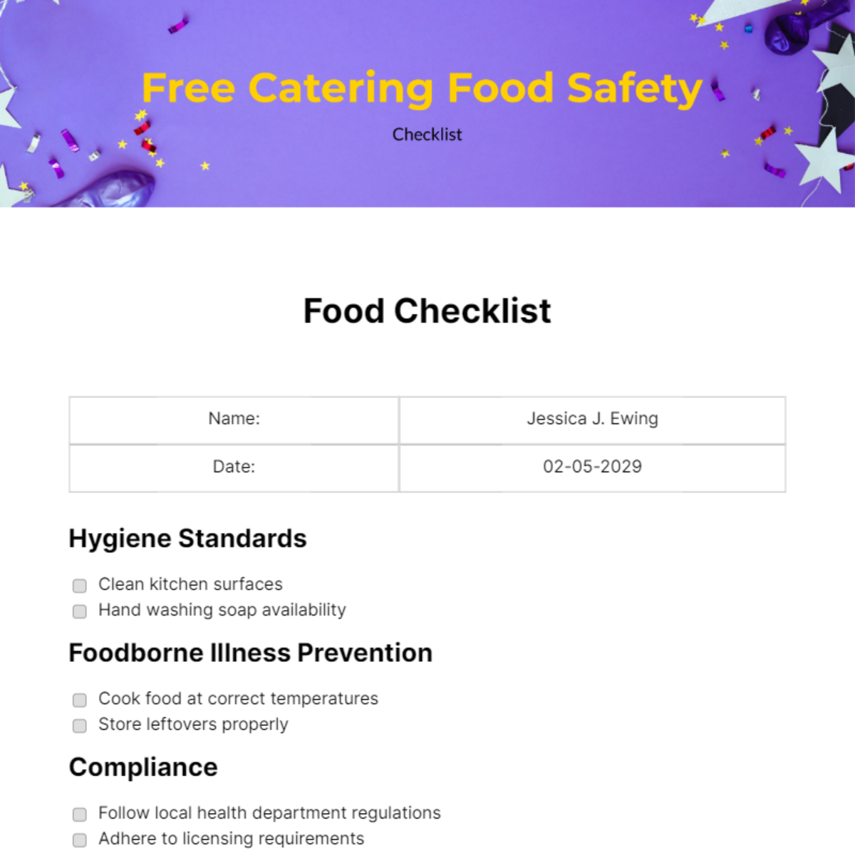 Free Catering Food Safety Checklist - Edit Online & Download | Template.net