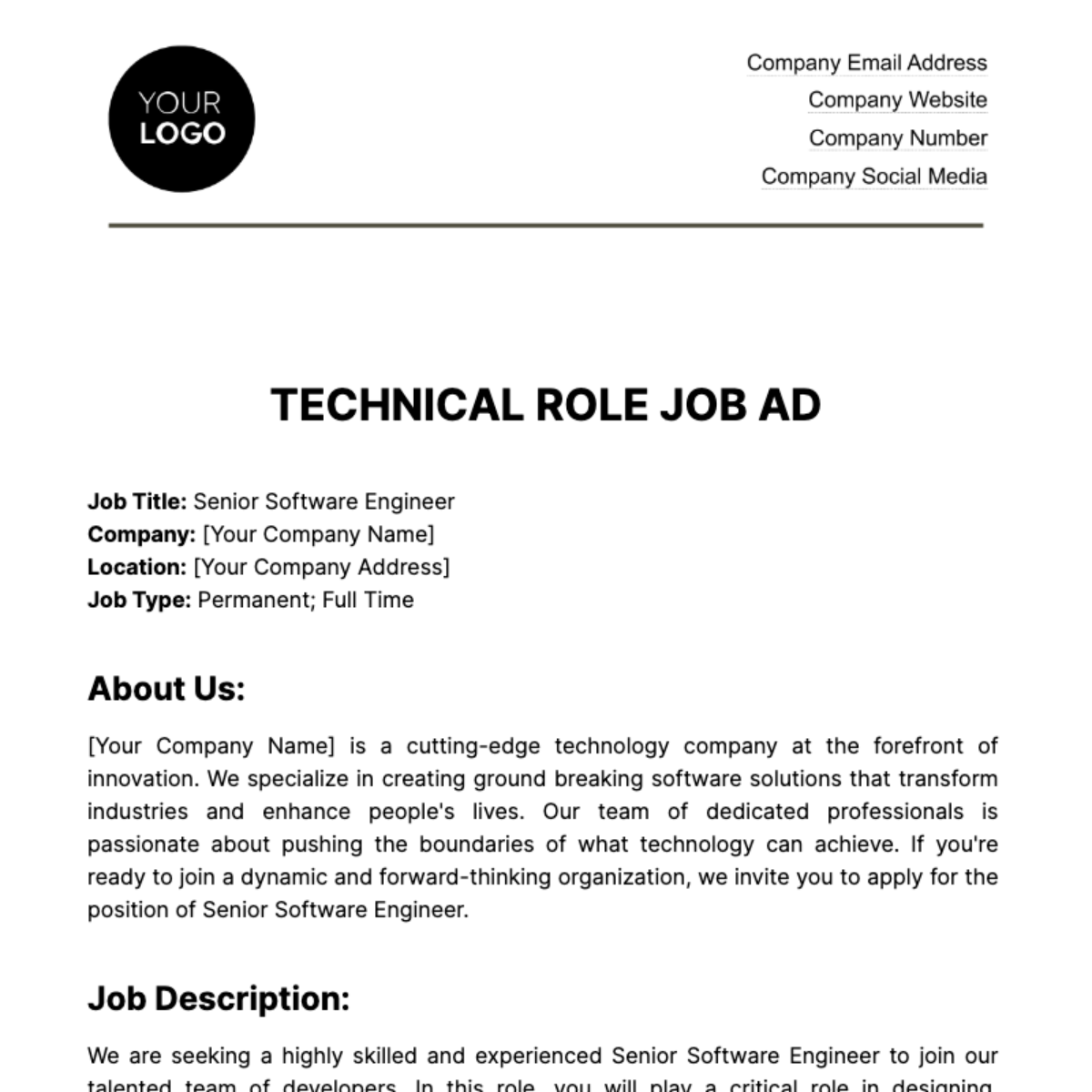 Technical Role Job Ad HR Template