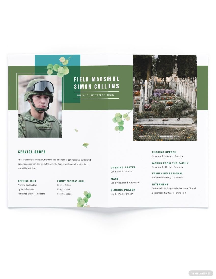 Military Funeral Obituary Bi-Fold Brochure Template