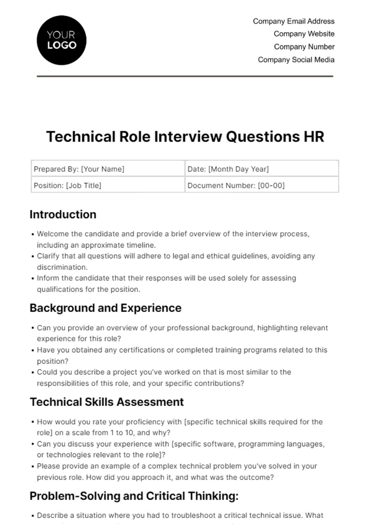 Technical Role Interview Questions HR Template