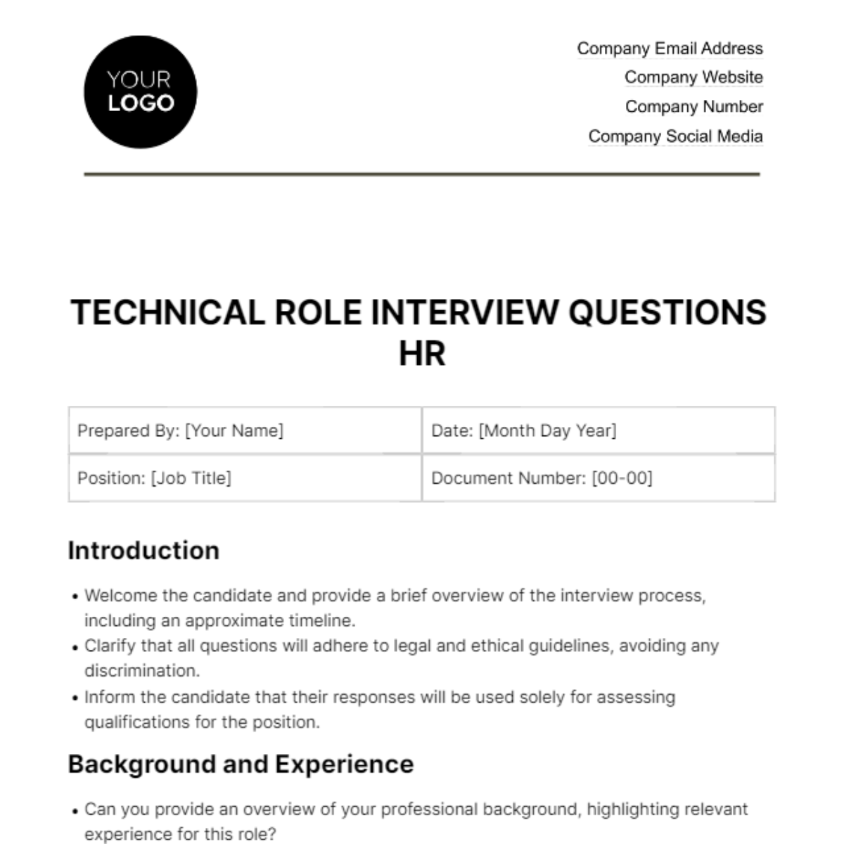 Technical Role Interview Questions HR Template - Edit Online & Download