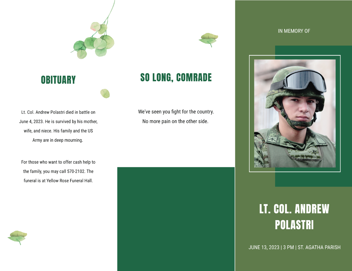 Military Funeral Obituary Tri-Fold Brochure Template