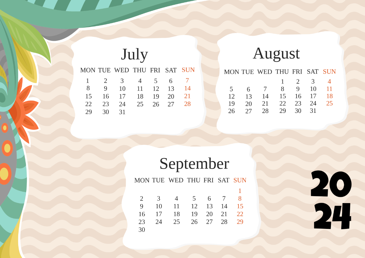 July August September Calendar 2024