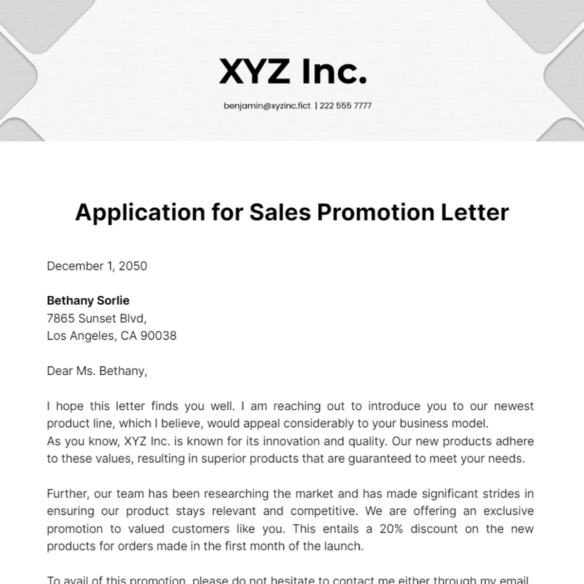Application for Sales Promotion Letter Template