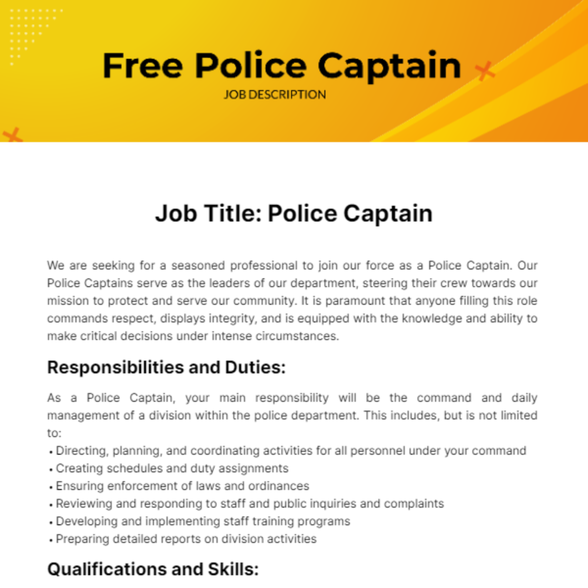 Free Police Captain Job Description Template