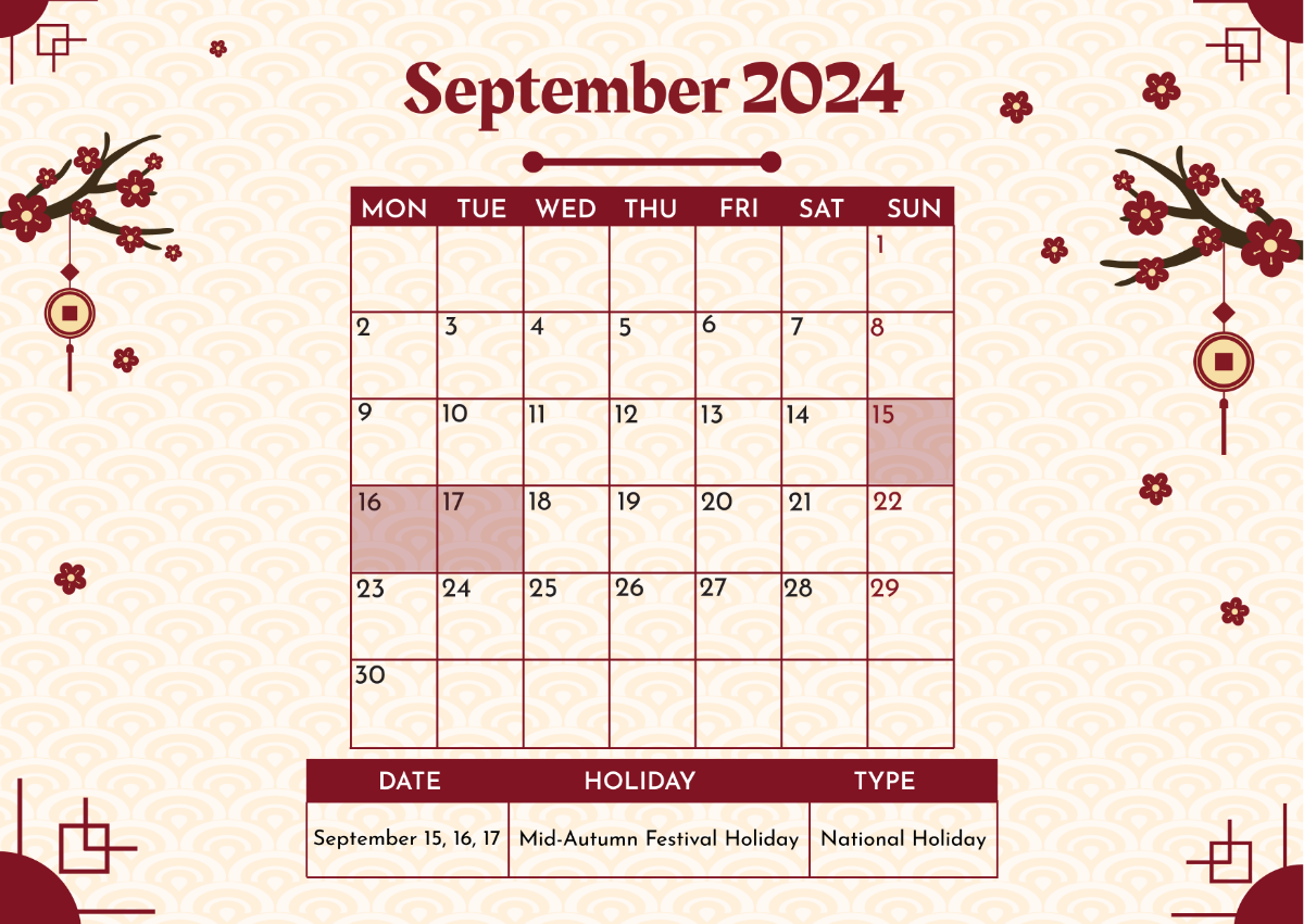 Chinese Calendar September 2024 Template