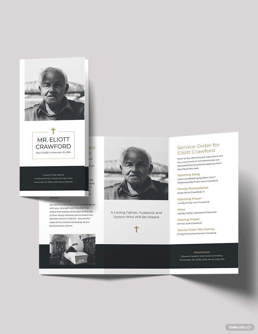 Minimalistic Funeral Program Tri-Fold Brochure Template in Word, Google Docs, Illustrator, PSD, Apple Pages, Publisher, InDesign