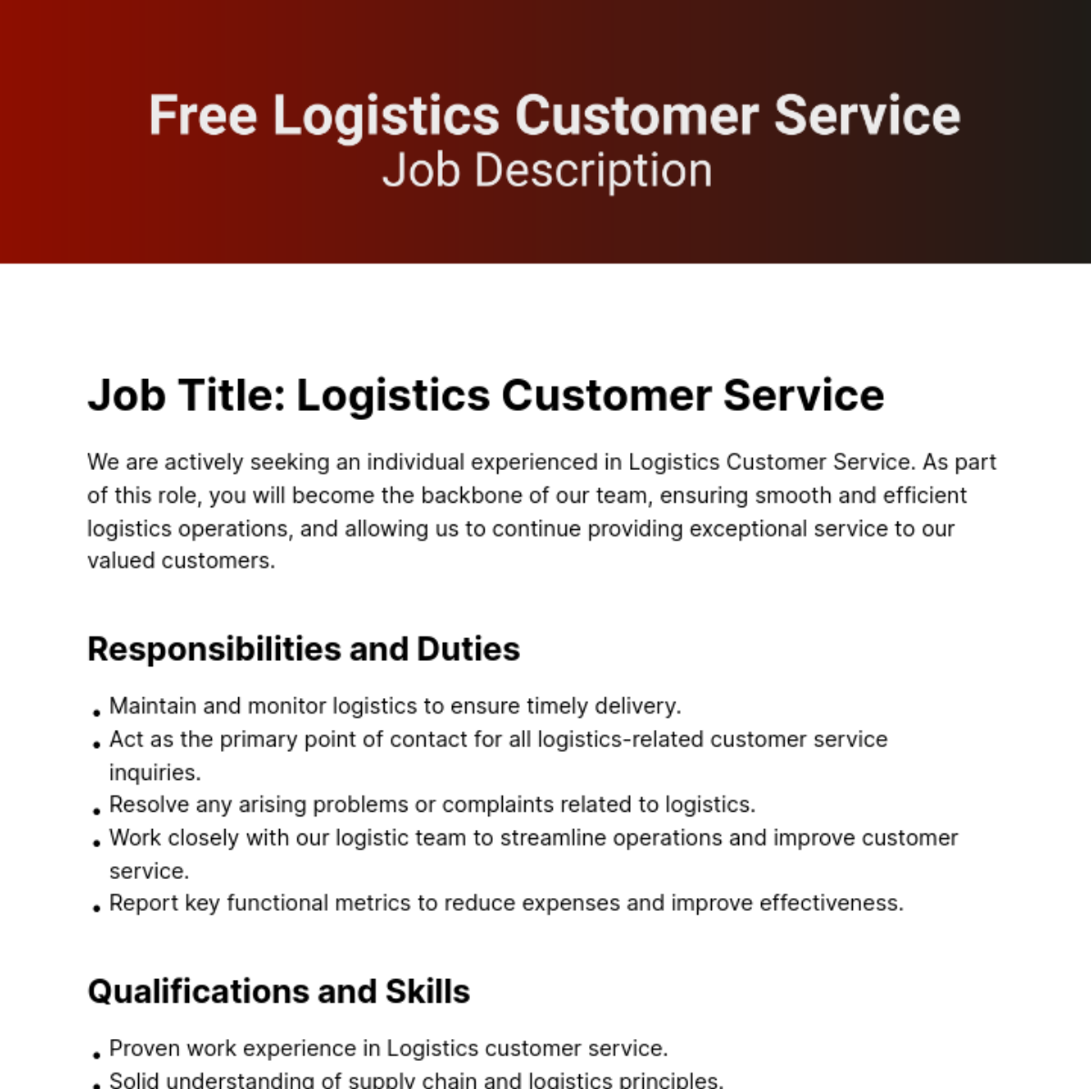 Free Logistics Customer Service Job Description Template