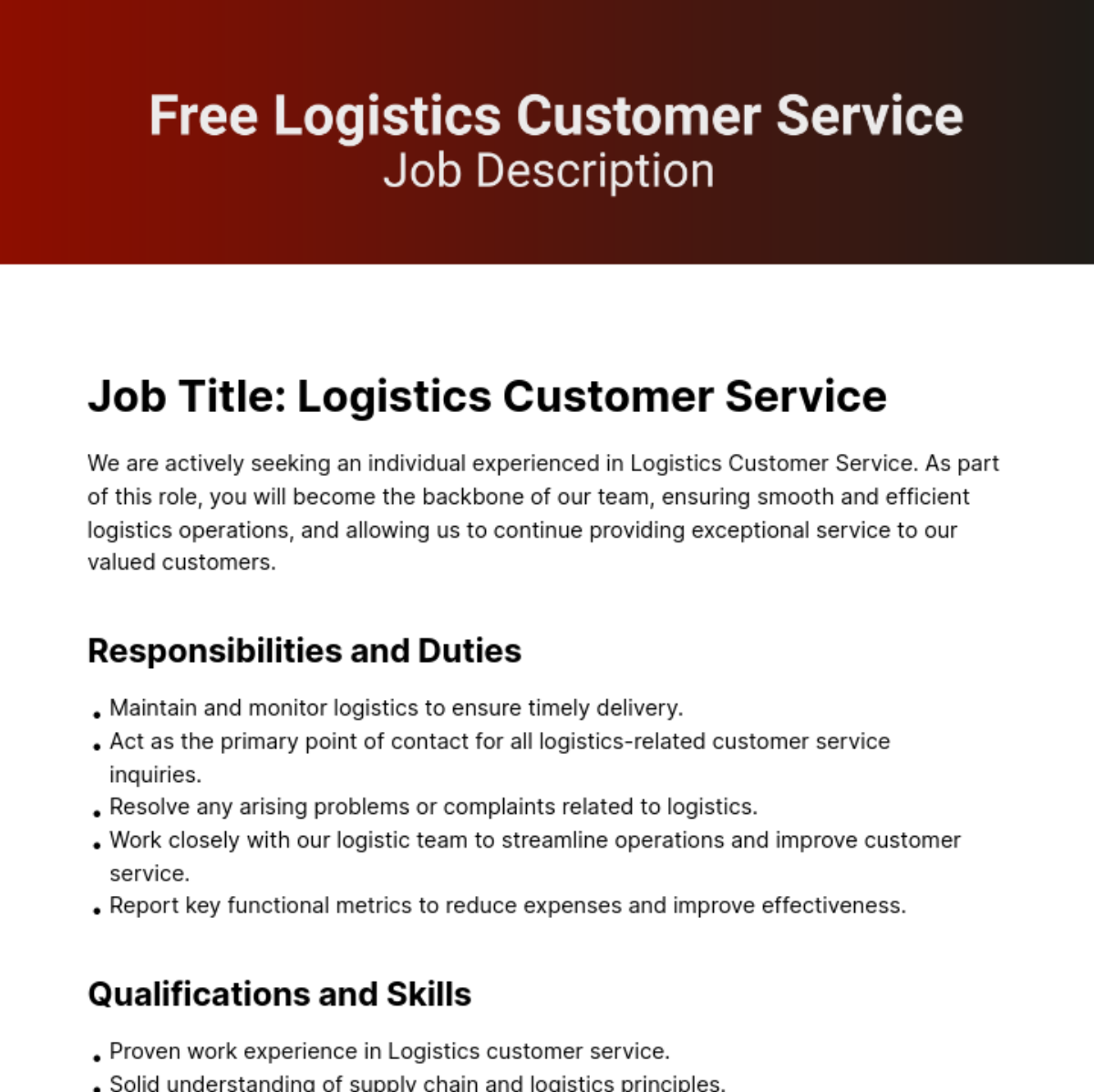 Logistics Customer Service Job Description Template Edit Online 