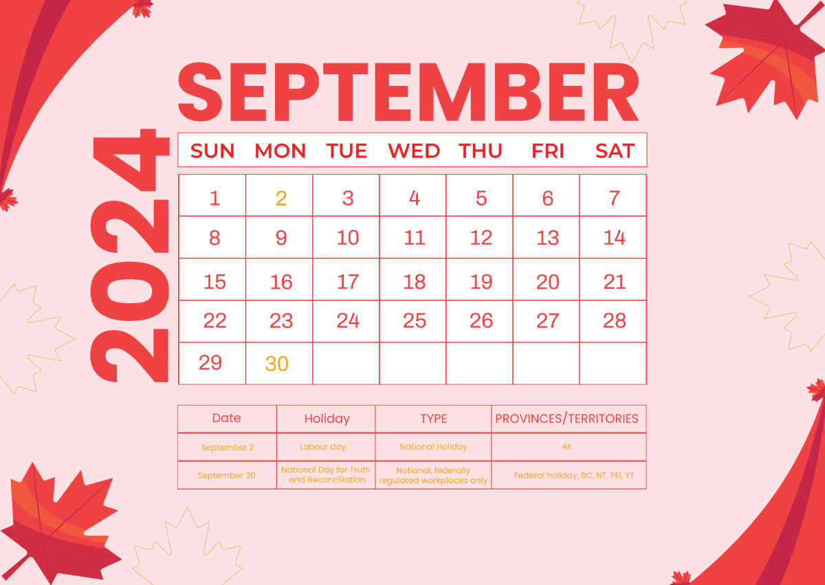 September 2024 Calendar with Holidays Canada Template
