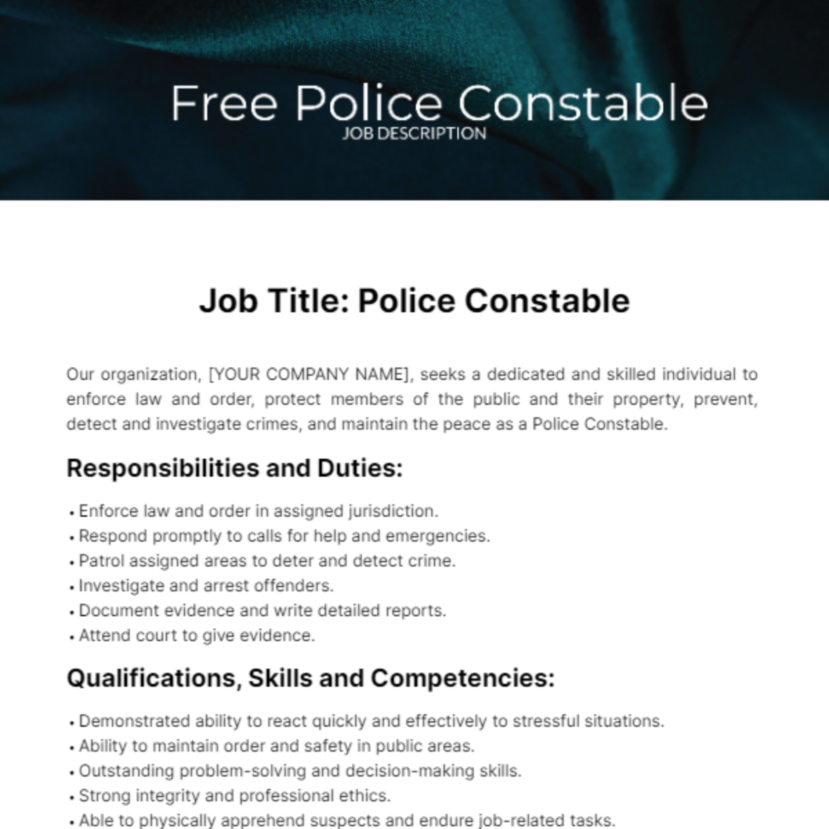 Police Constable Job Description Template