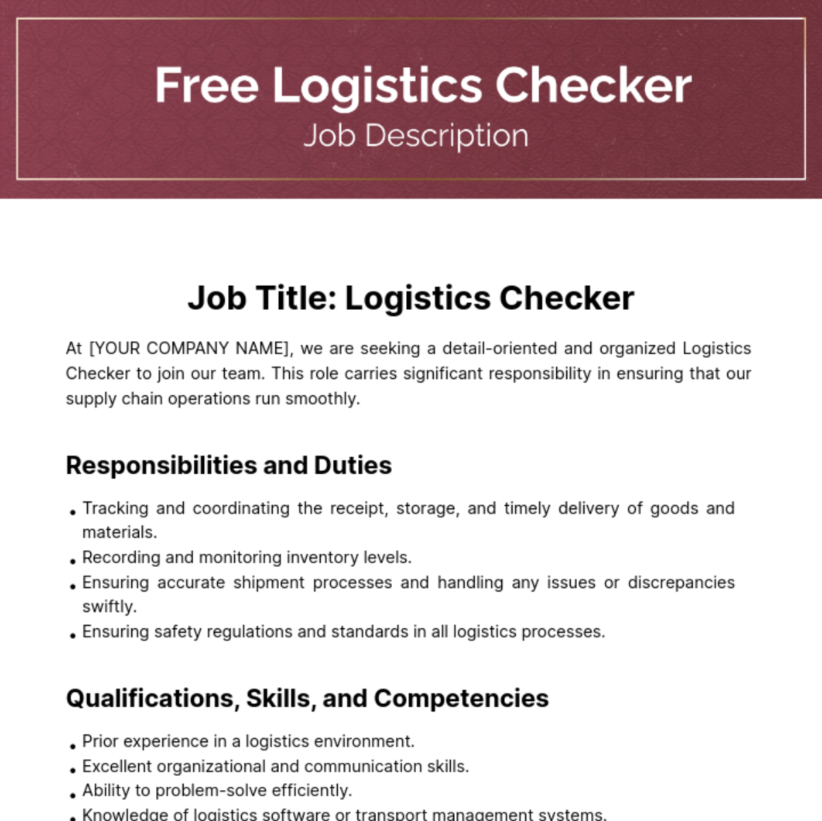Free Logistics Checker Job Description Template