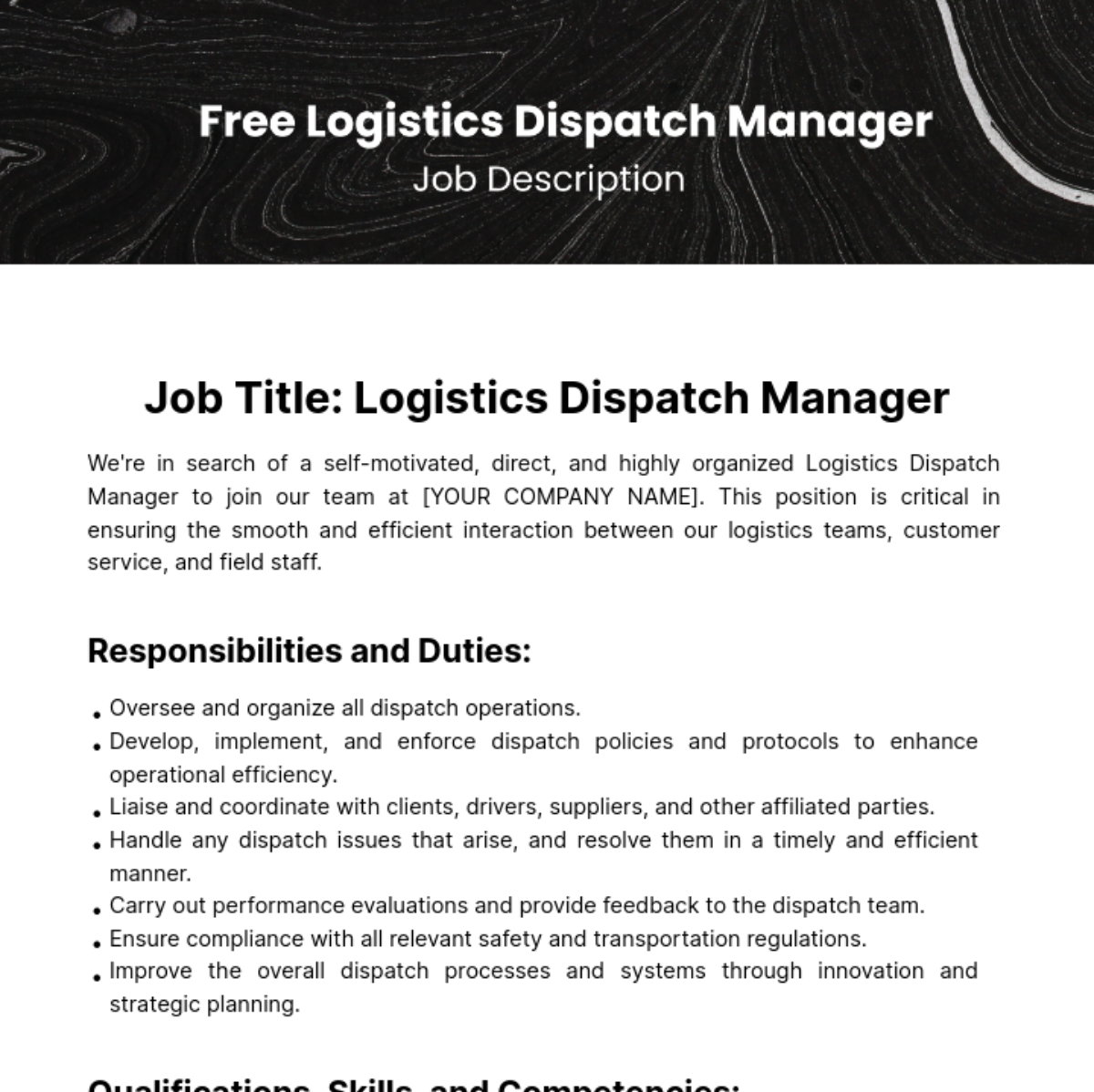 Logistics Dispatch Manager Job Description Template