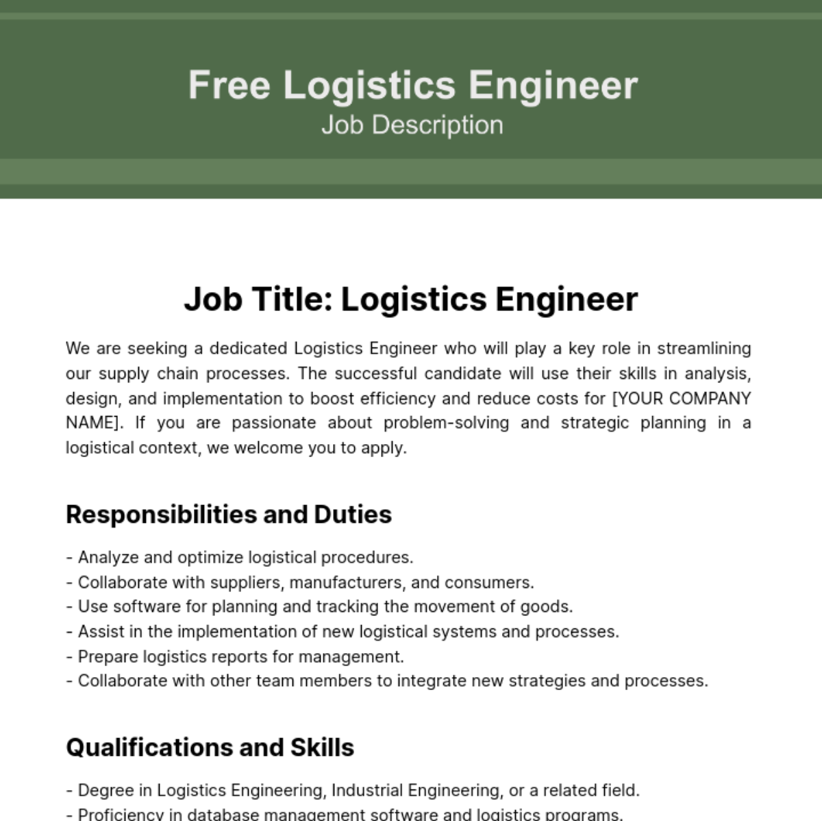 Free Logistics Engineer Job Description Template