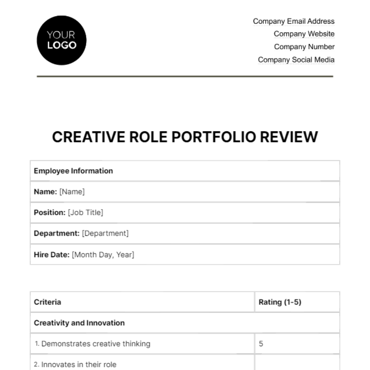 Creative Role Portfolio Review Criteria HR Template - Edit Online & Download