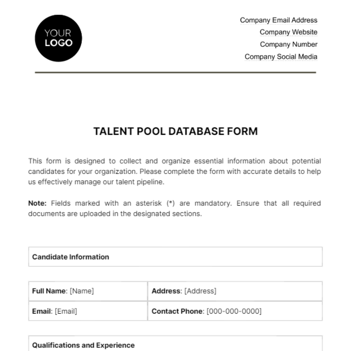 Free Talent Pool Database Form HR Template