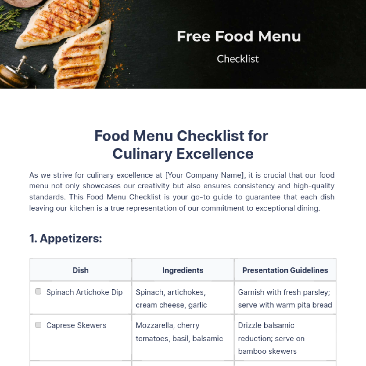 Free Food Menu Checklist Template
