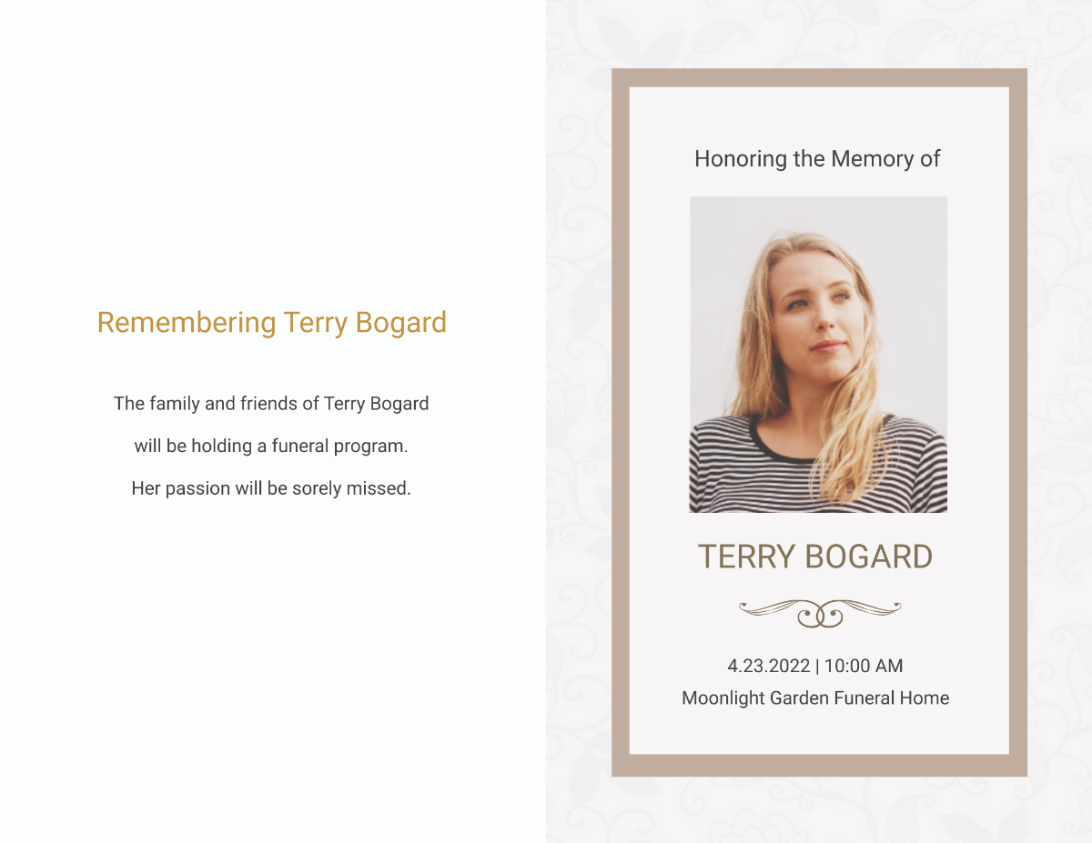 Order Of Service Funeral Obituary Bi-Fold Brochure Template