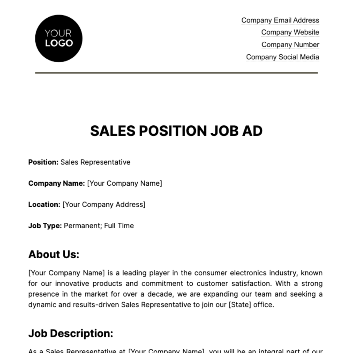 Sales Position Job Ad HR Template