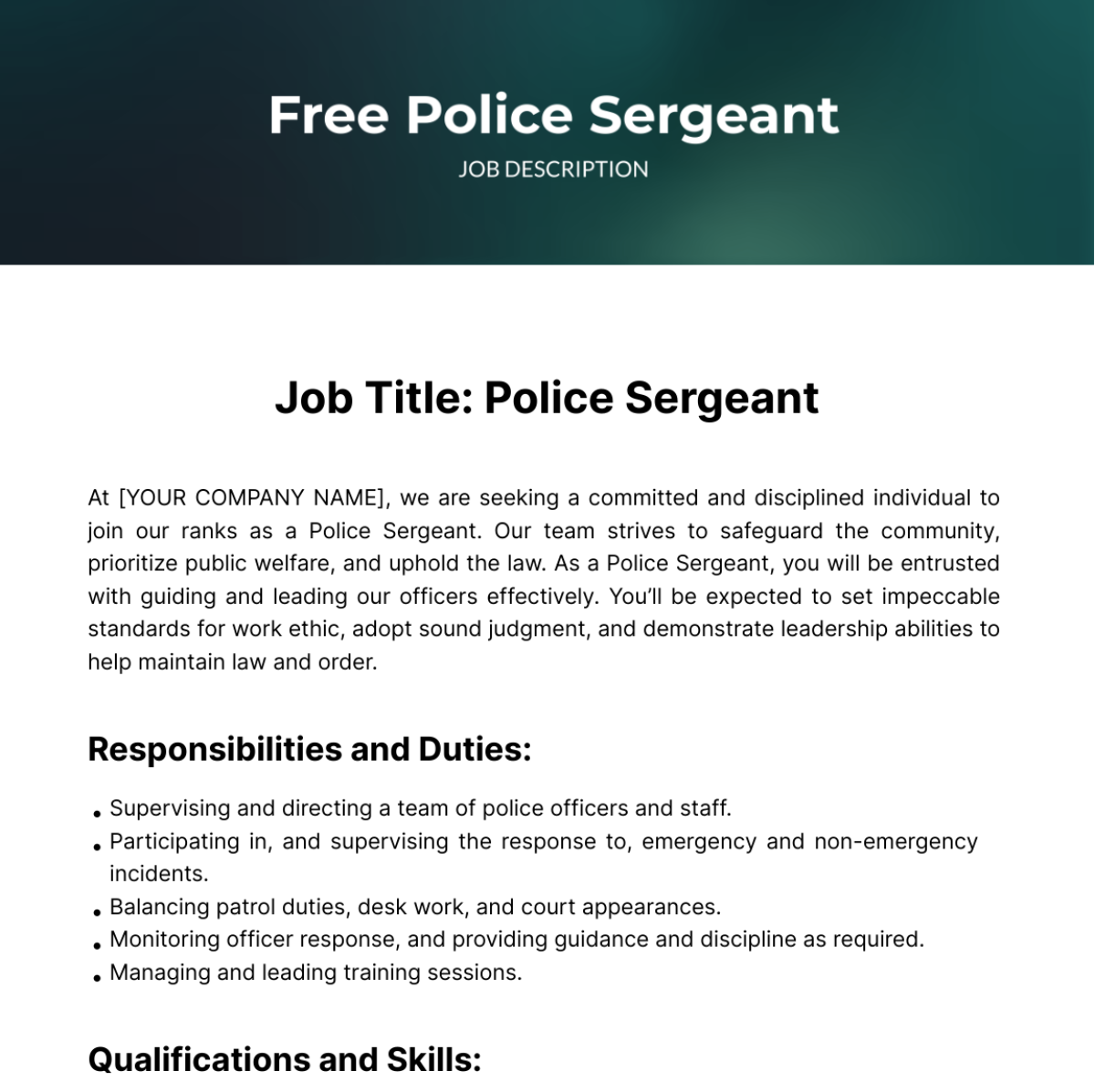 Police Sergeant Job Description Template