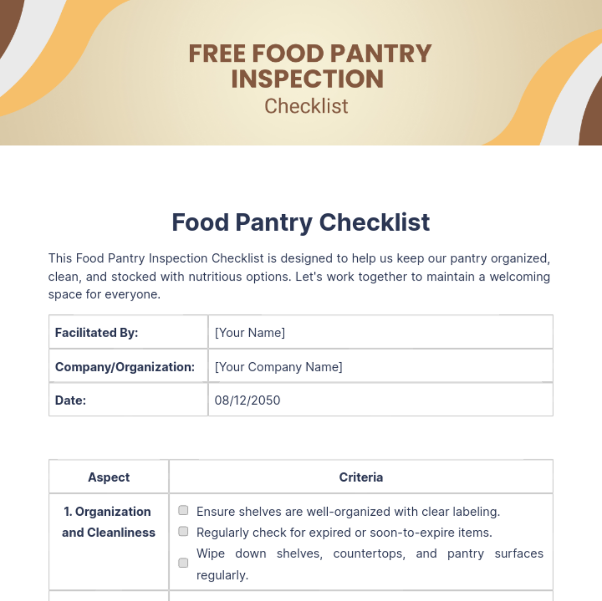 Free Food Pantry Inspection Checklist Template
