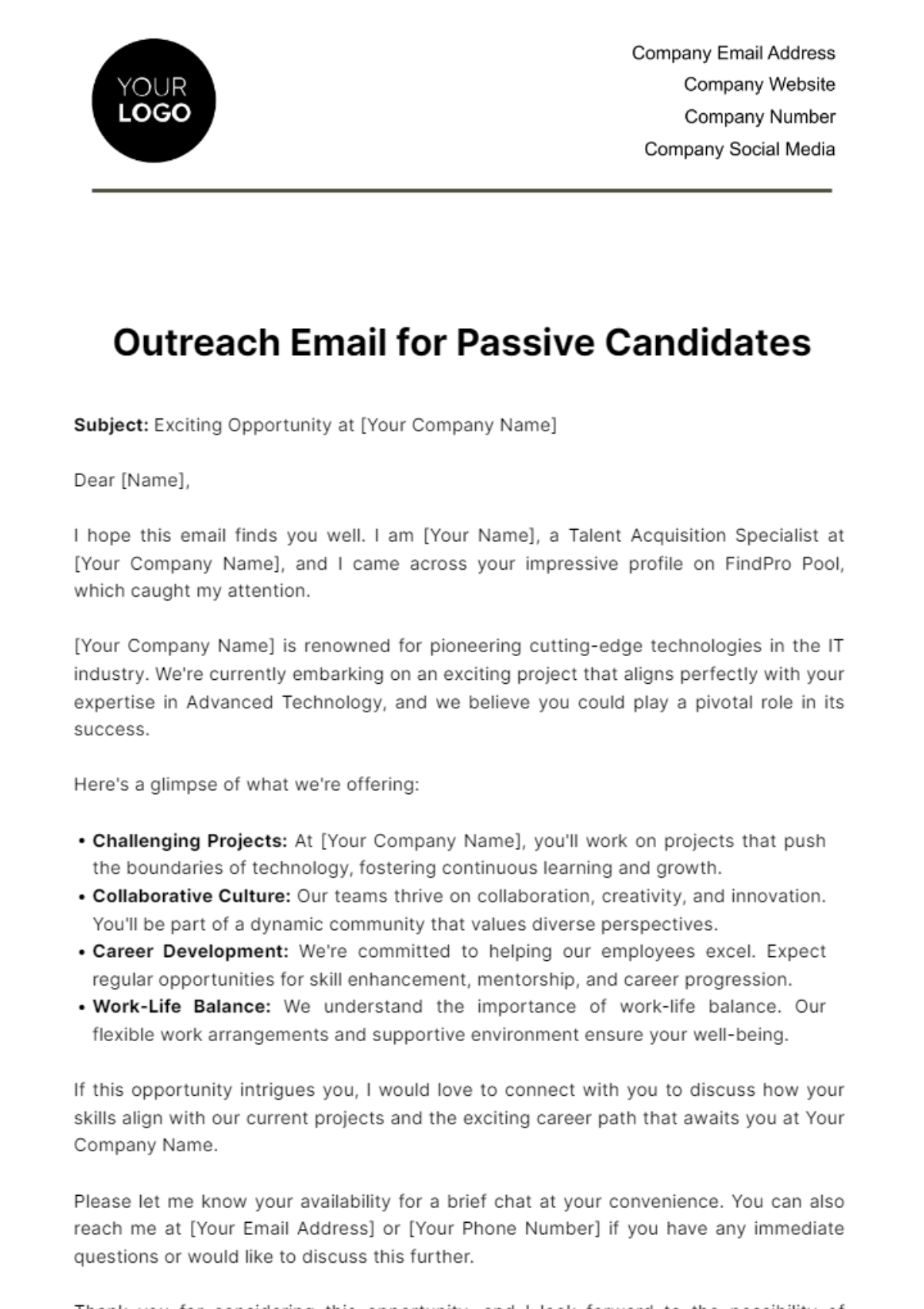 Free Outreach Email Template for Passive Candidates HR Template
