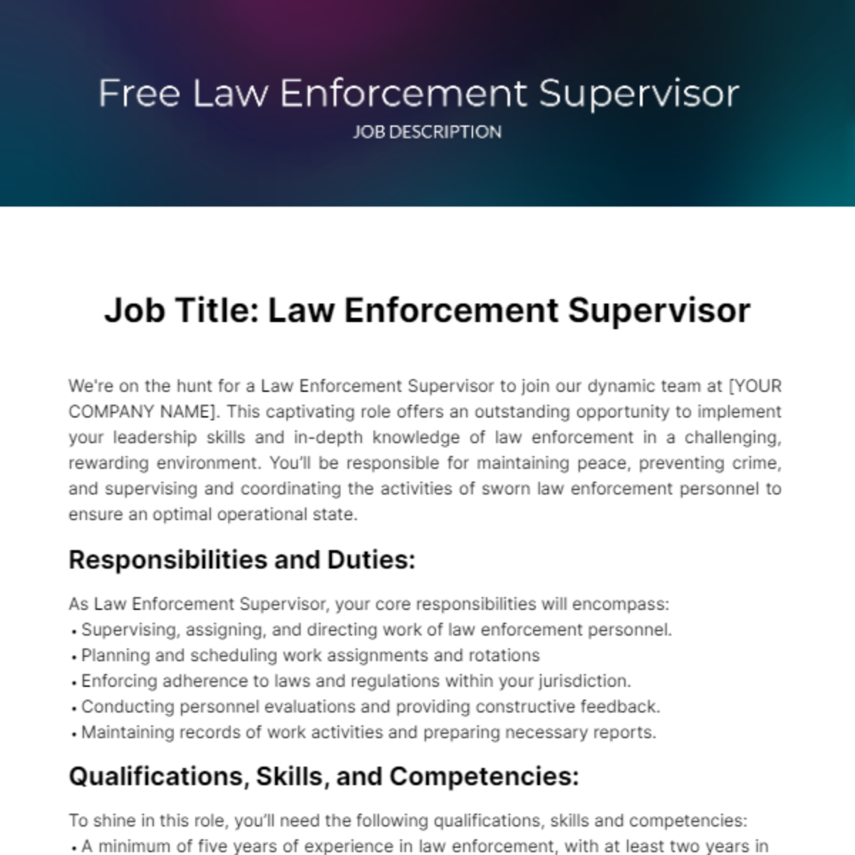 Free Law Enforcement Supervisor Job Description Template