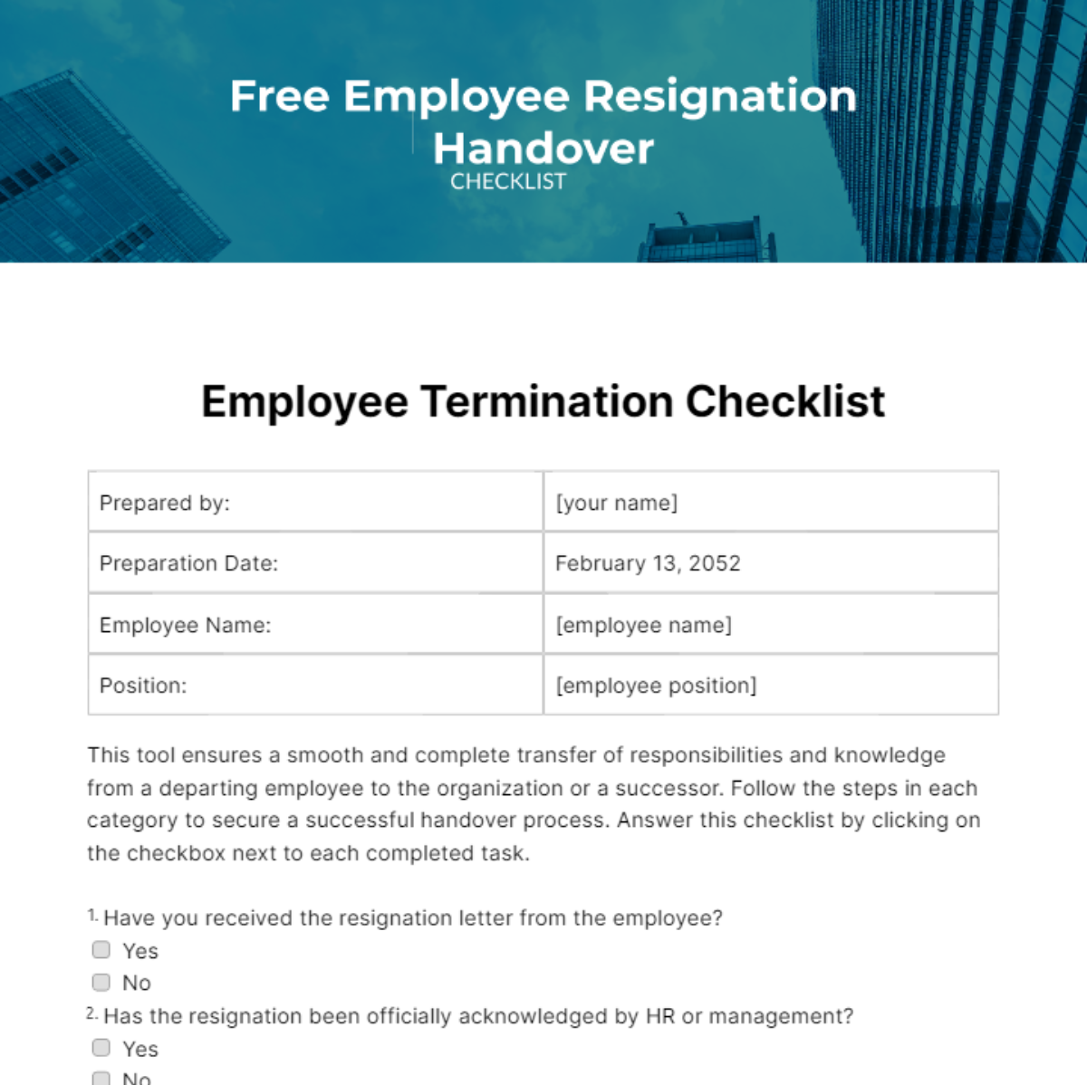 Employee Resignation Handover Checklist Template