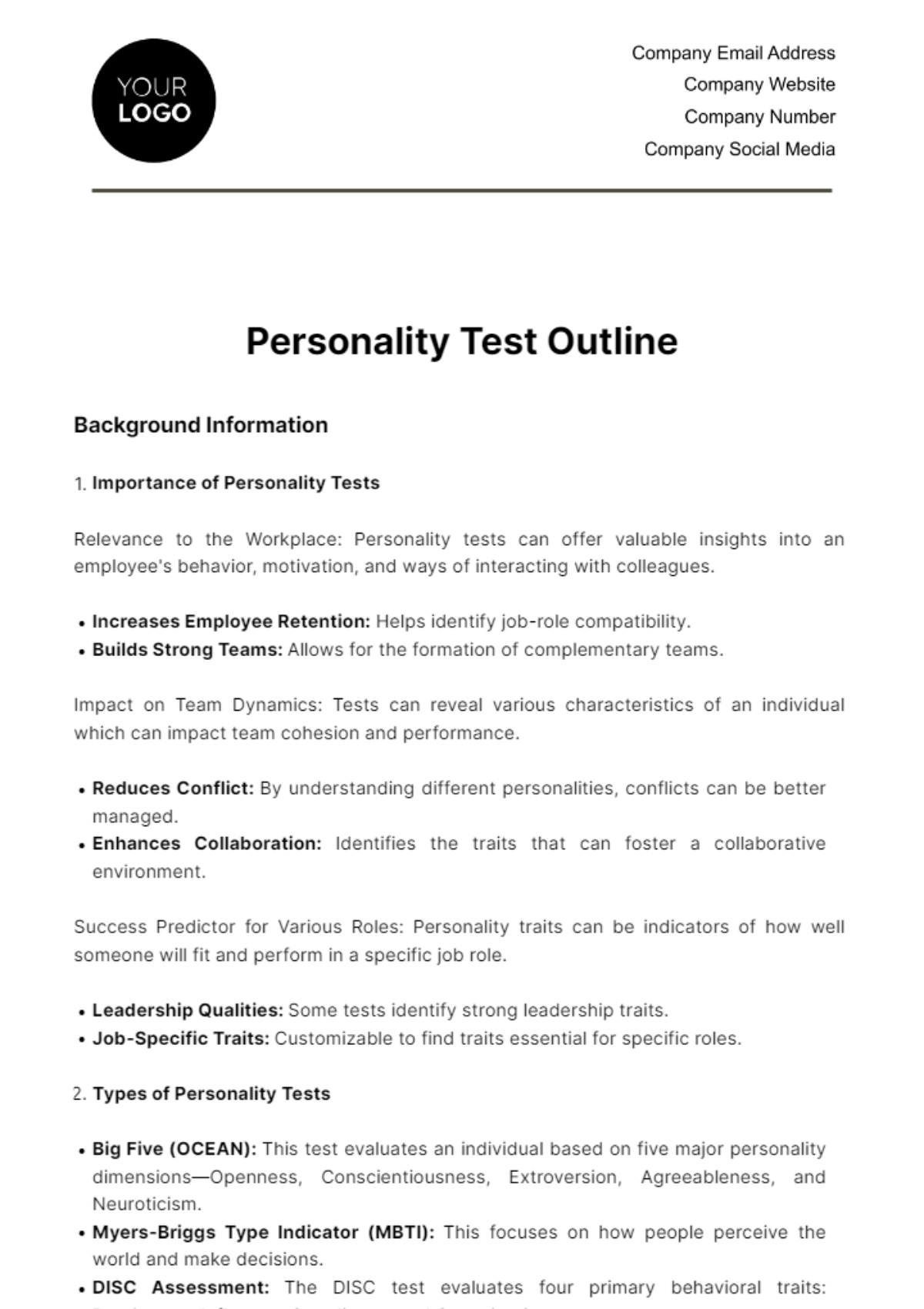 Free Personality Test Outline HR Template