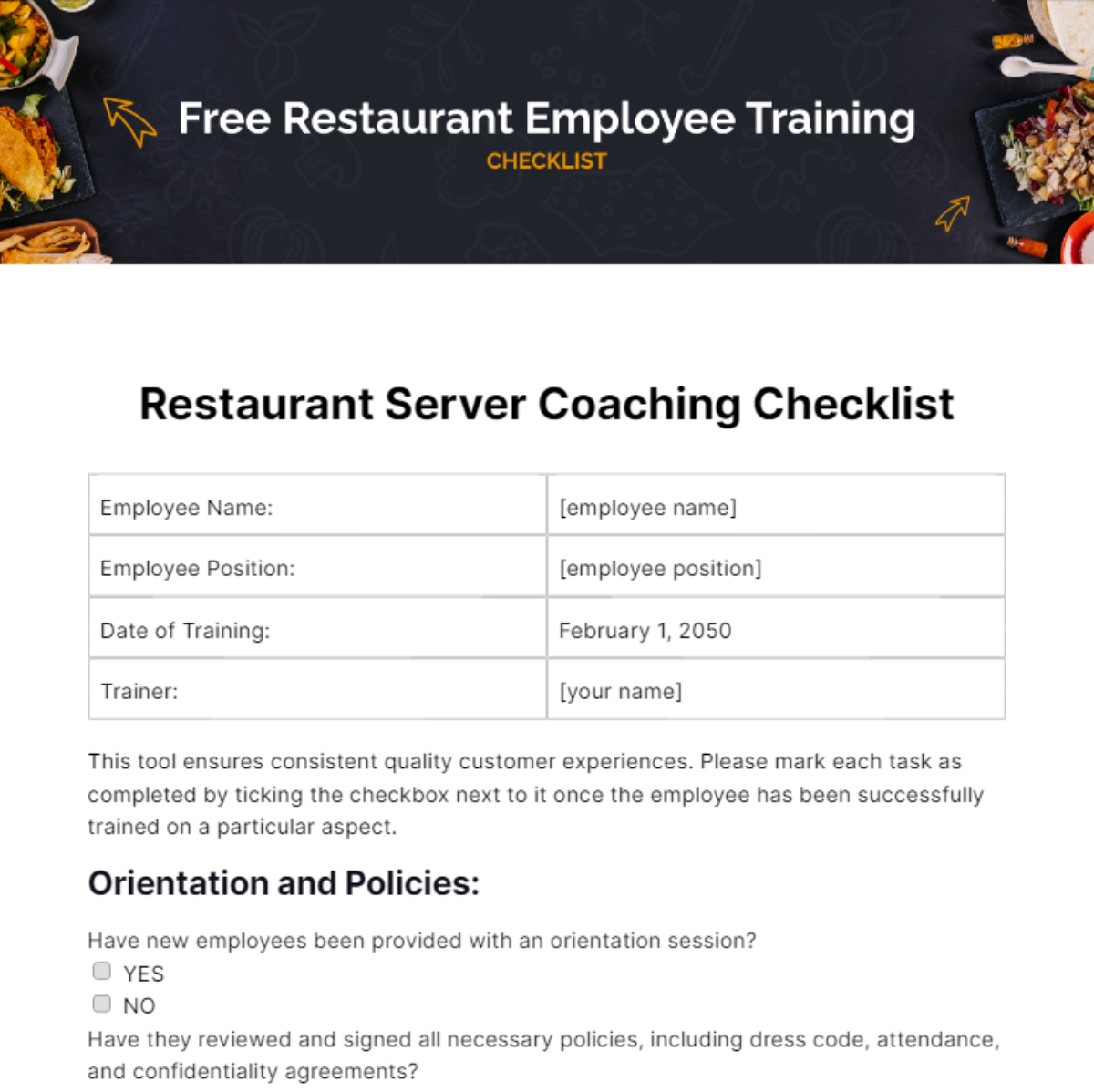 Restaurant Employee Training Checklist Template
