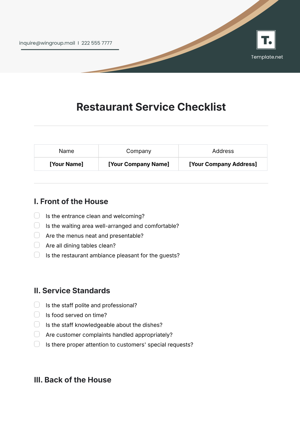 Restaurant Audit Checklist Template - Edit Online & Download