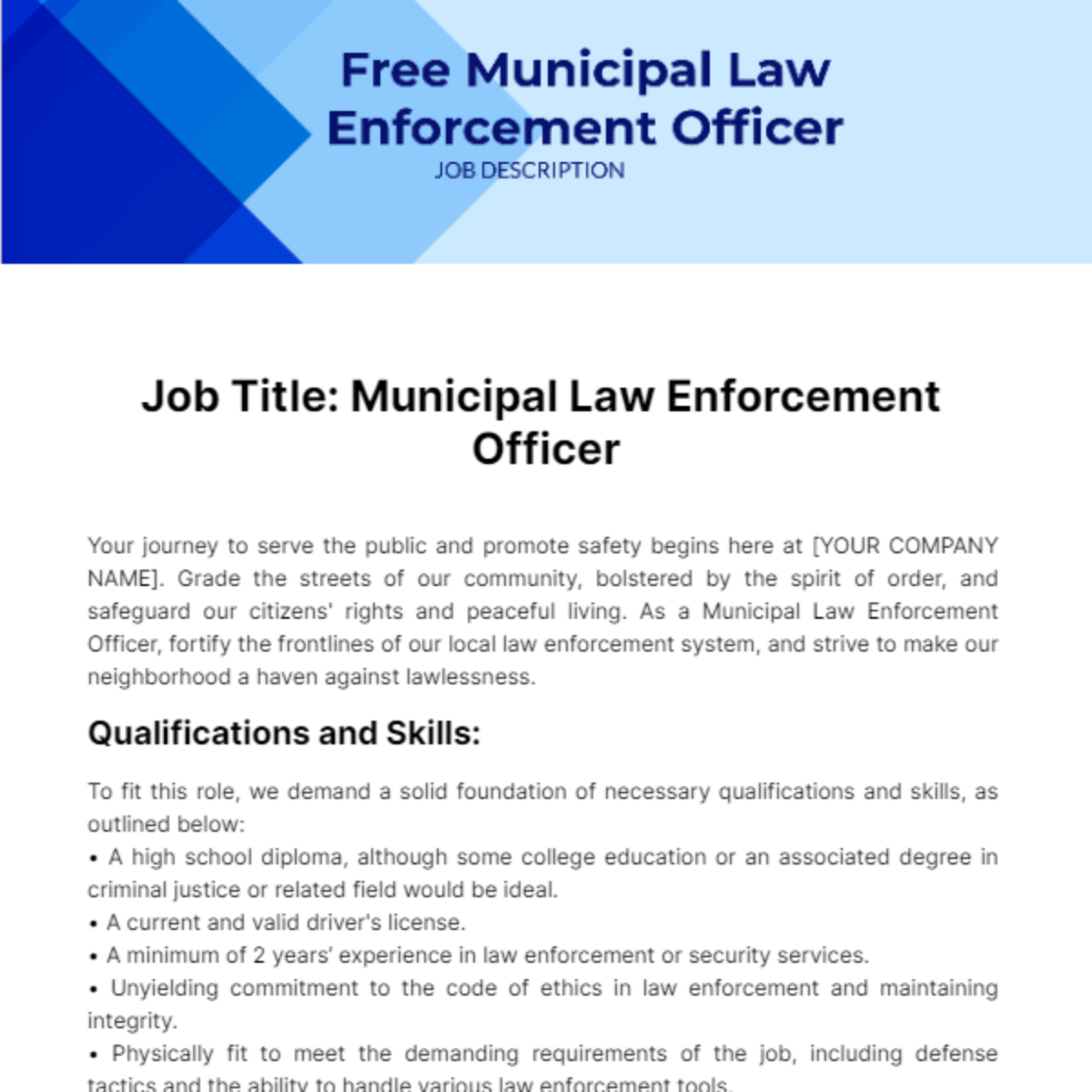 Municipal Law Enforcement Officer Job Description Template