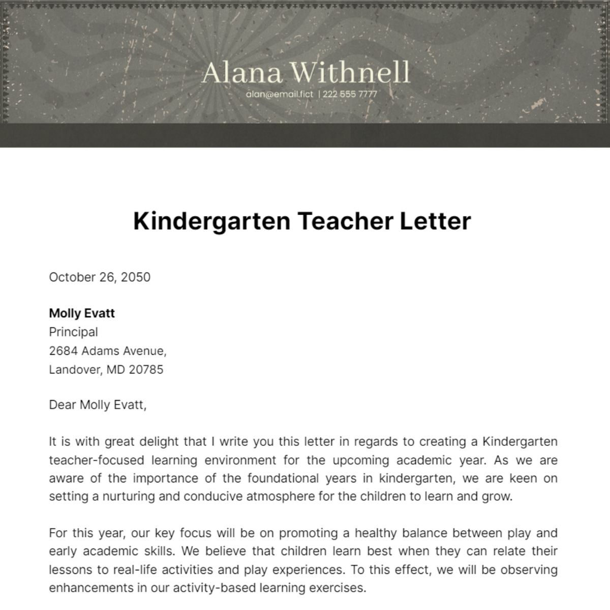 Kindergarten Teacher Letter Template