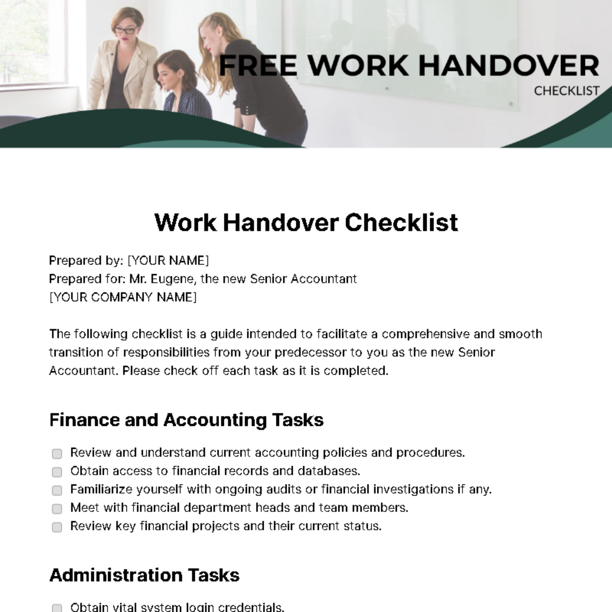 Work Handover Checklist Template