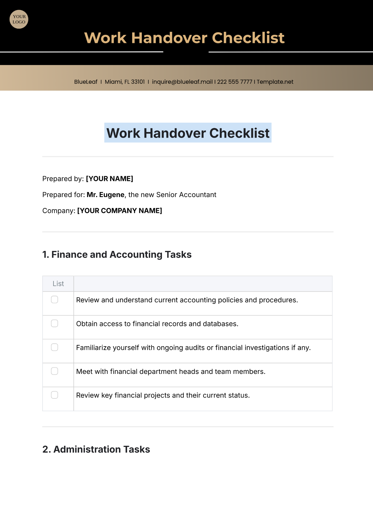 Free Work Handover Checklist Template