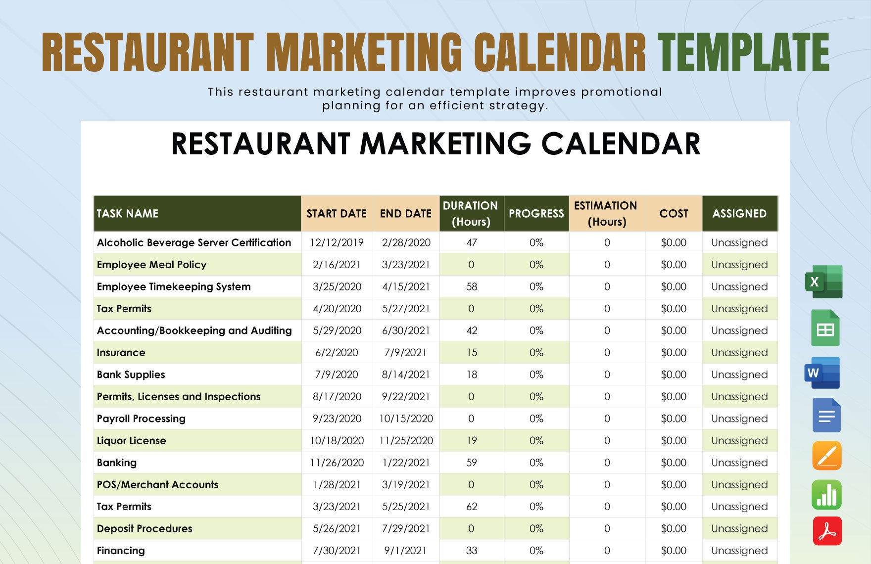 Restaurant Marketing Calendar Template
