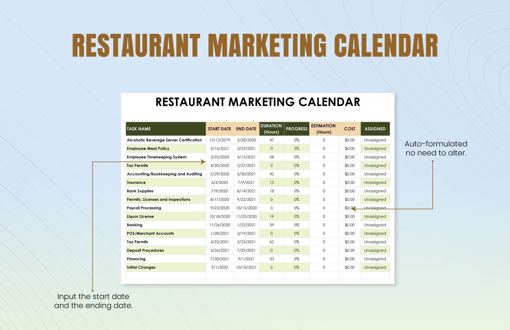 Restaurant Marketing Calendar Template in Pages, Numbers, Excel, Word