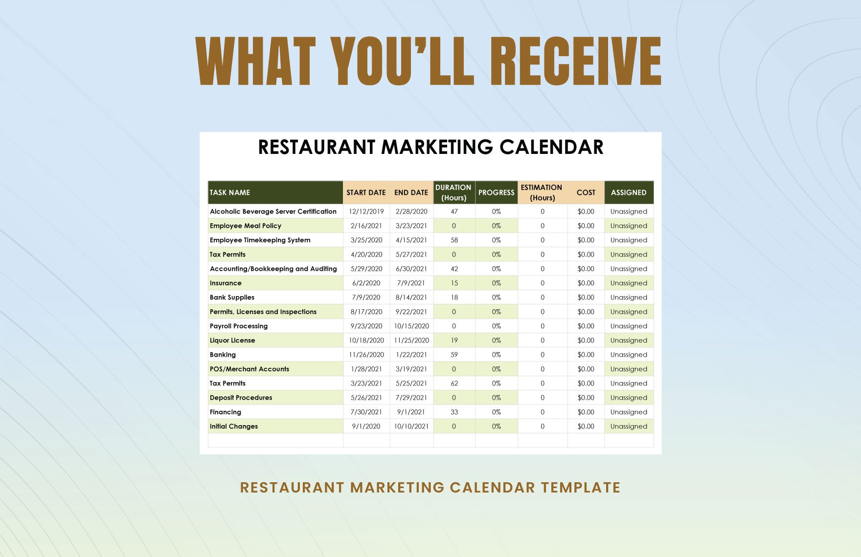 Restaurant Marketing Calendar Template in Pages Numbers Excel Word